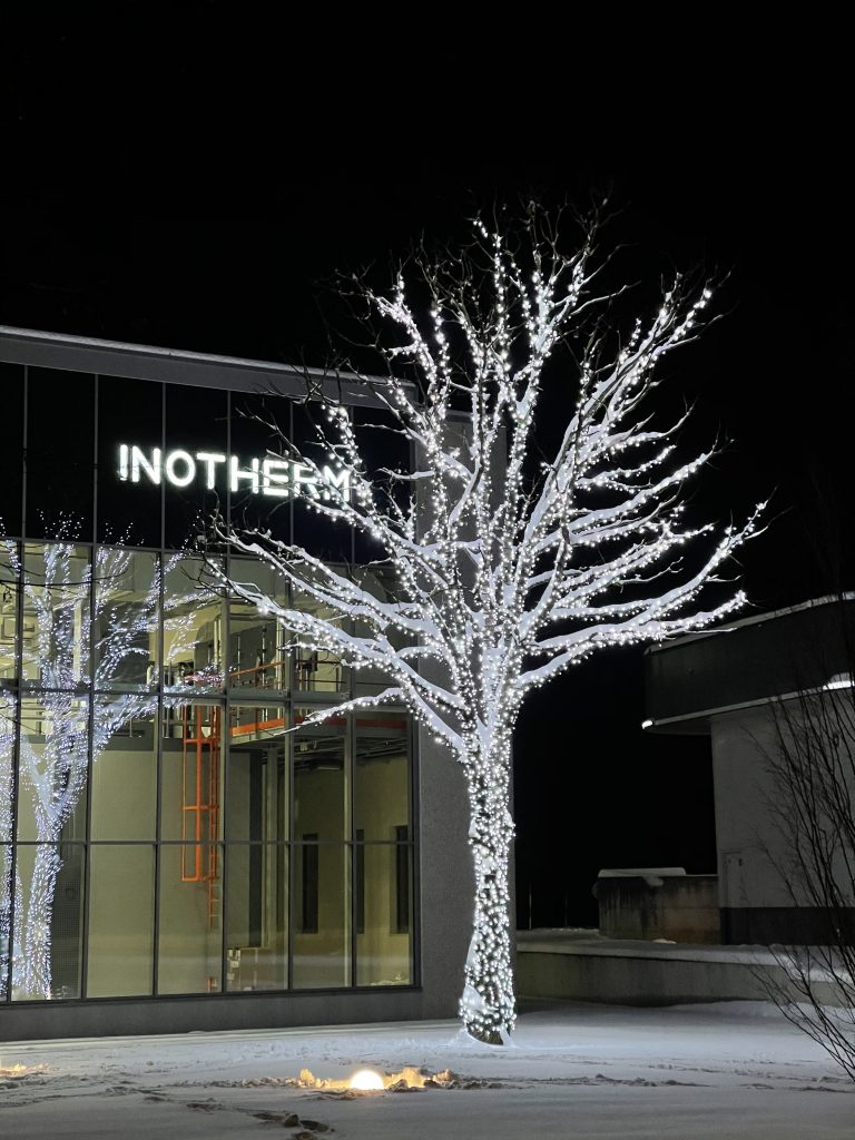 Osvetljena novoletna drevesa pred podjetjem